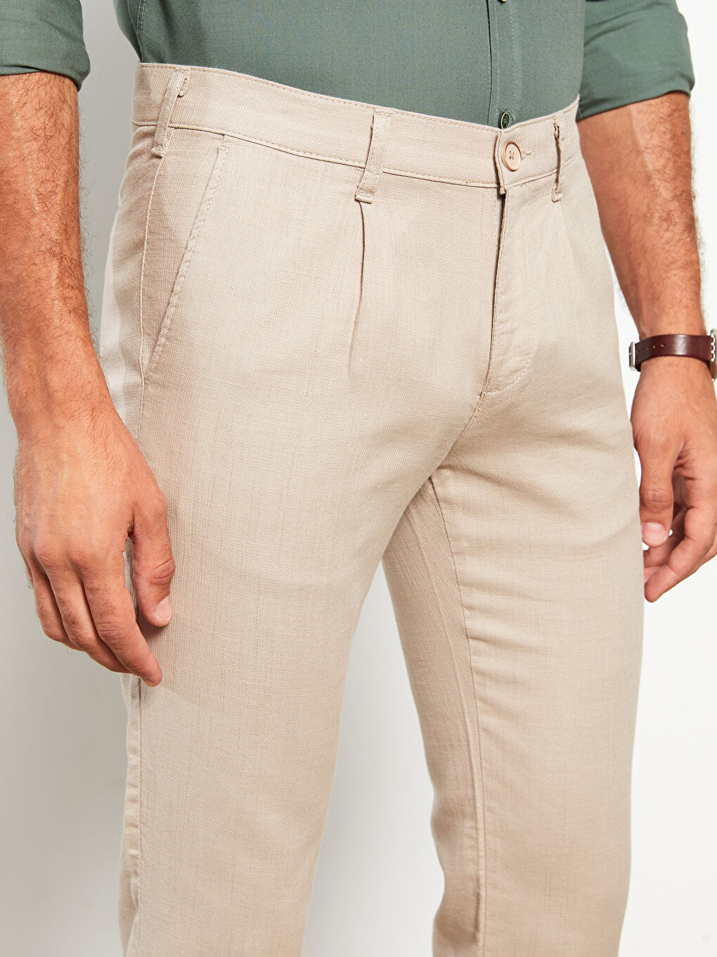 Bej Slim Fit Poplin Erkek Pantolon-4