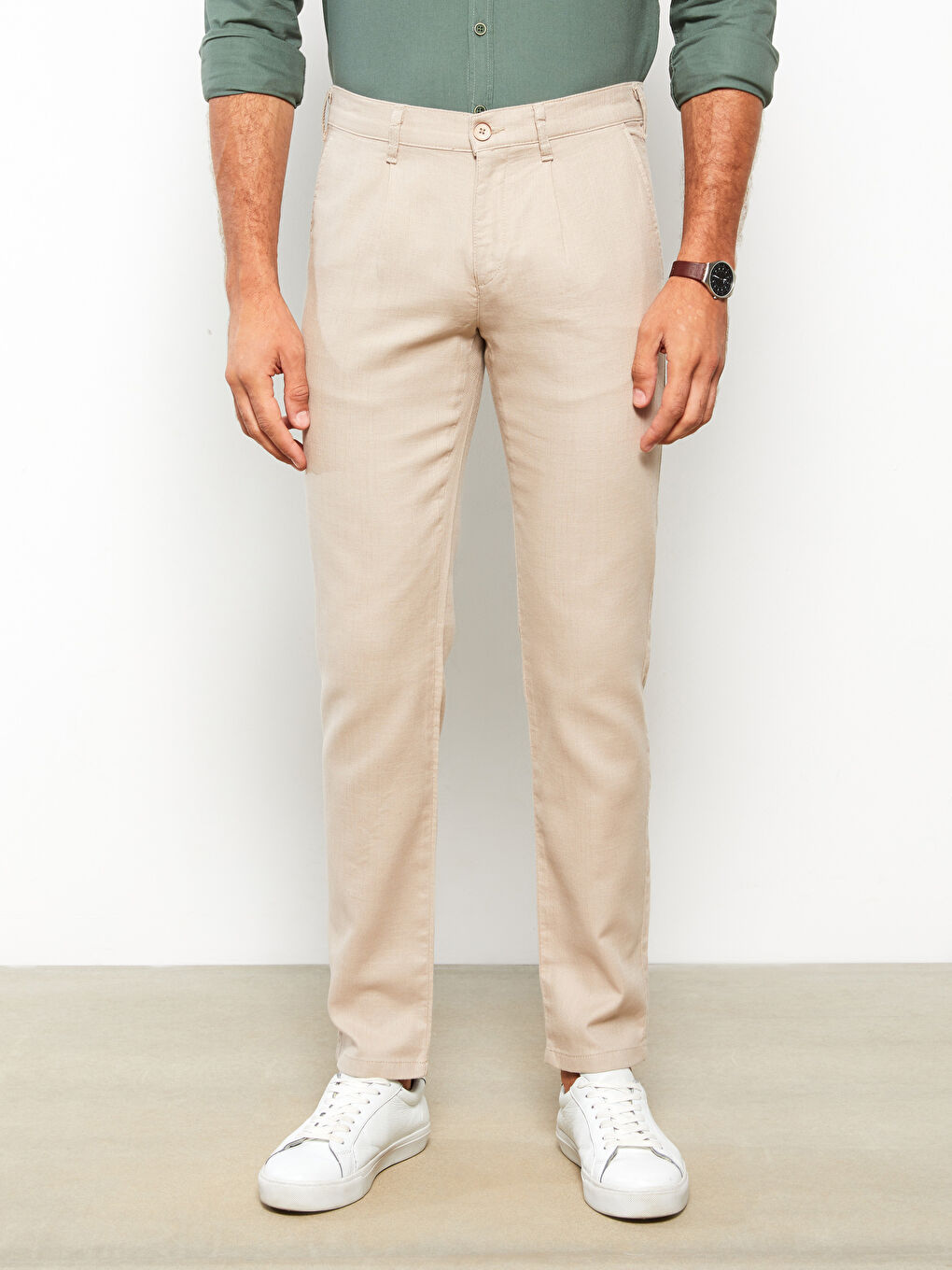 Bej Slim Fit Poplin Erkek Pantolon-5