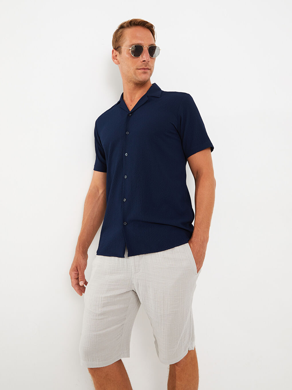 Gri Rahat Kalıp Poplin Erkek Şort-2