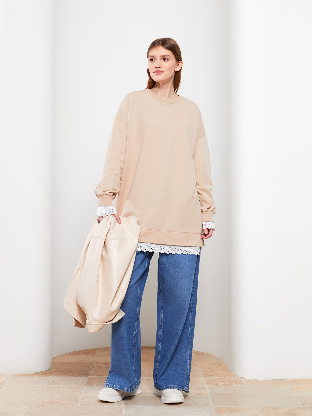 Bej Bisiklet Yaka Düz Uzun Kollu Kadın Sweatshirt Tunik