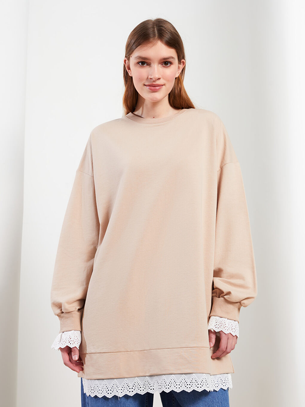 Bej Bisiklet Yaka Düz Uzun Kollu Kadın Sweatshirt Tunik-1