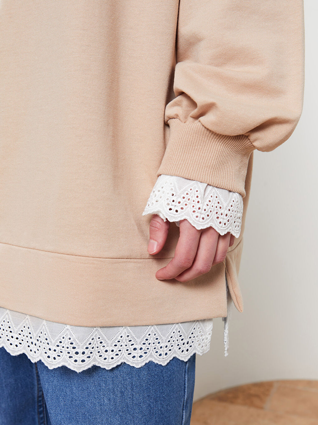 Bej Bisiklet Yaka Düz Uzun Kollu Kadın Sweatshirt Tunik-2