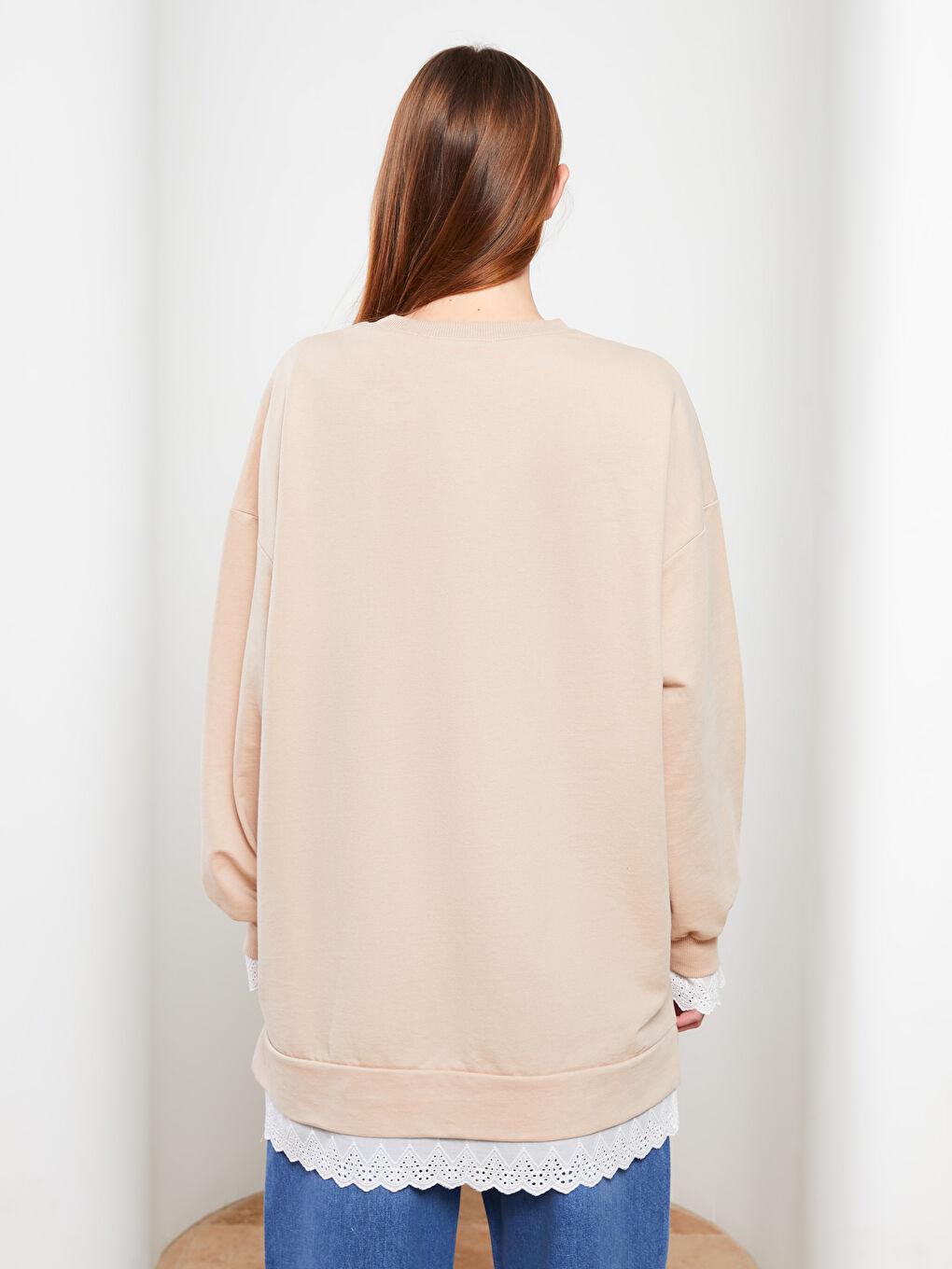 Bej Bisiklet Yaka Düz Uzun Kollu Kadın Sweatshirt Tunik-3