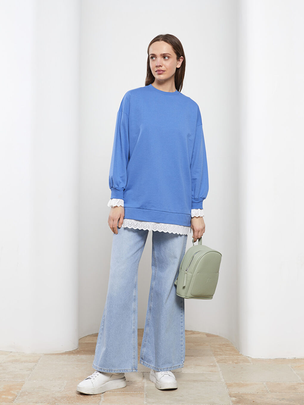 Mavi Bisiklet Yaka Düz Uzun Kollu Kadın Sweatshirt Tunik