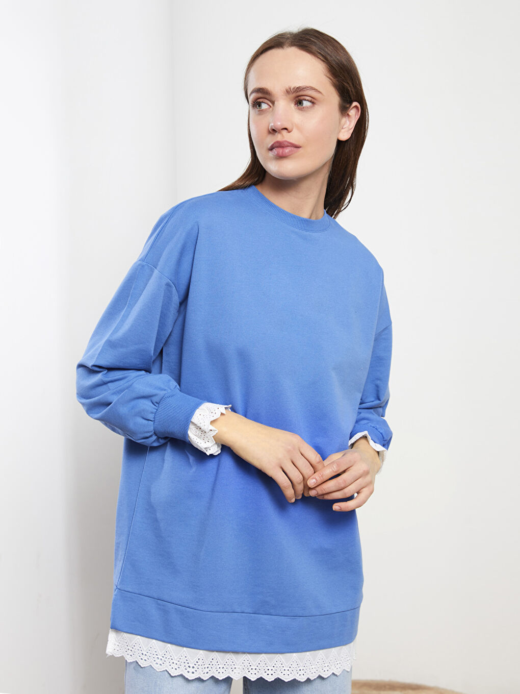 Mavi Bisiklet Yaka Düz Uzun Kollu Kadın Sweatshirt Tunik-1