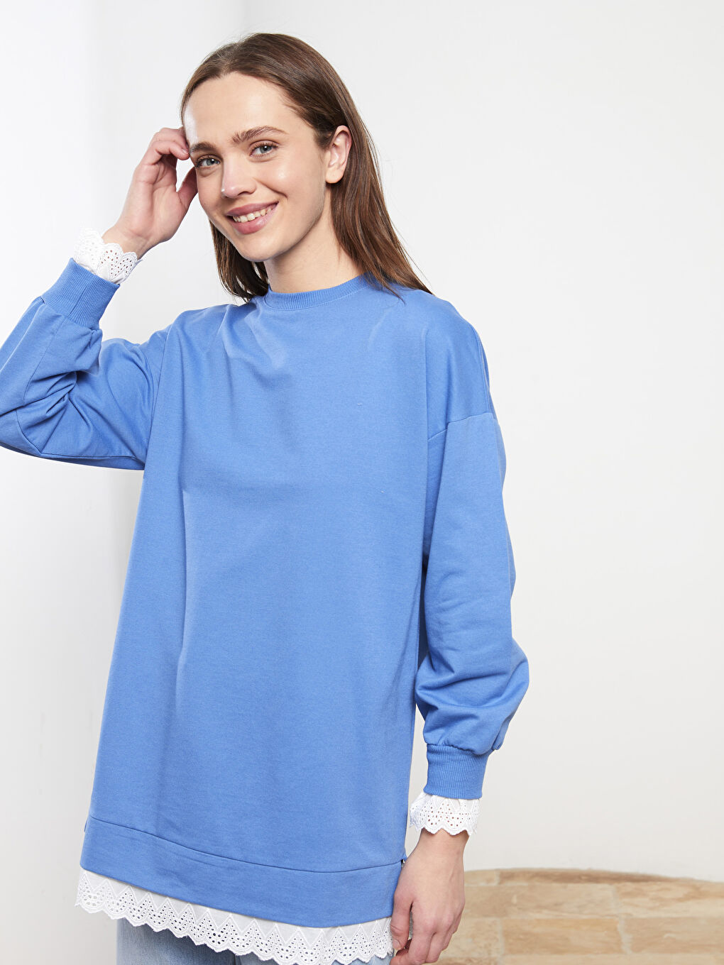 Mavi Bisiklet Yaka Düz Uzun Kollu Kadın Sweatshirt Tunik-2