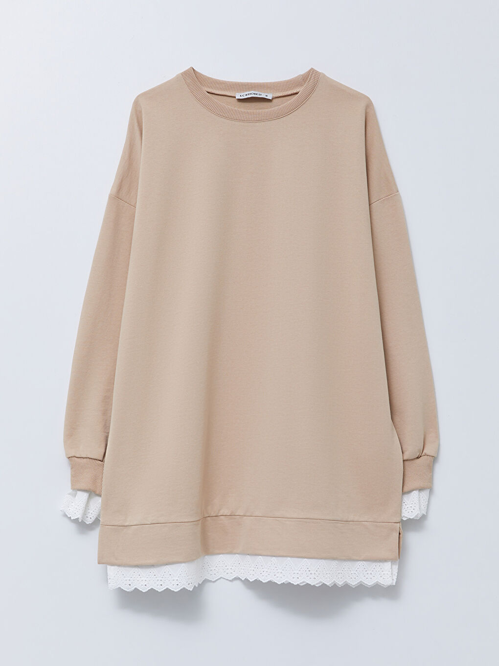 Bej Bisiklet Yaka Düz Uzun Kollu Kadın Sweatshirt Tunik-4