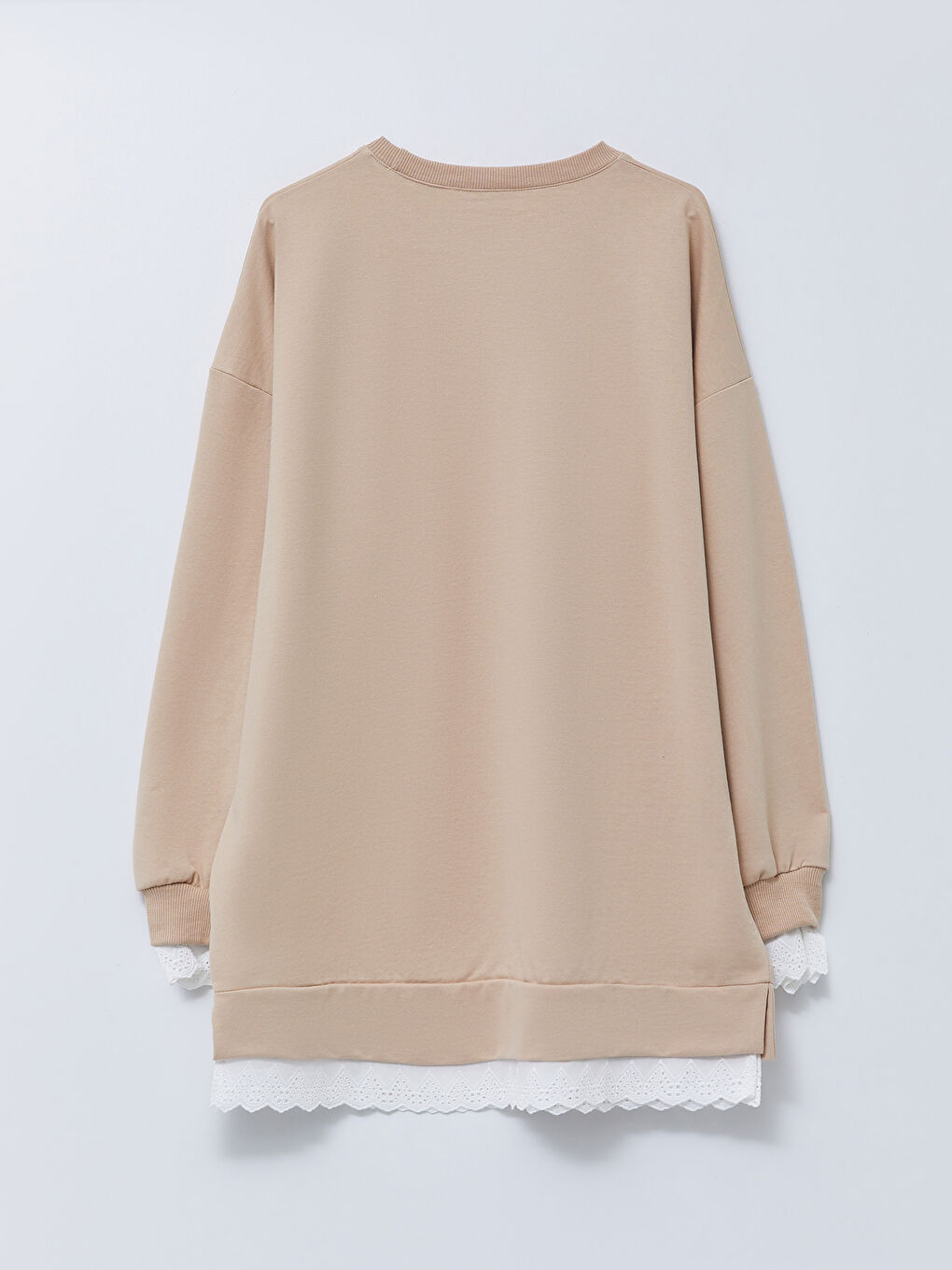 Bej Bisiklet Yaka Düz Uzun Kollu Kadın Sweatshirt Tunik-5