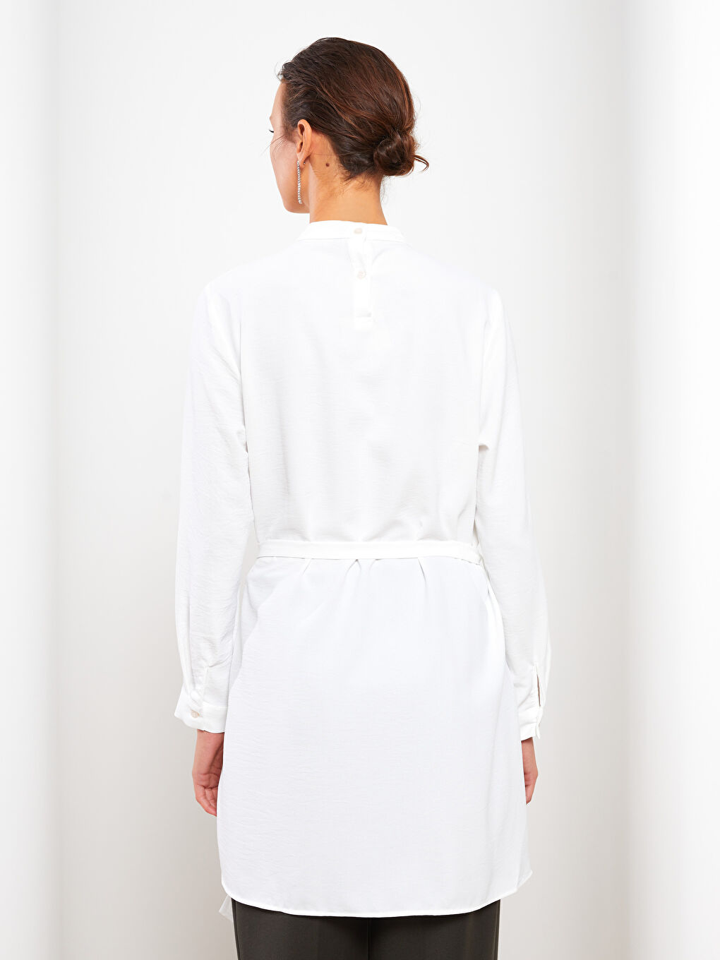 Ekru Dik Yaka Nakışlı Uzun Kollu Kadın Tunik-5