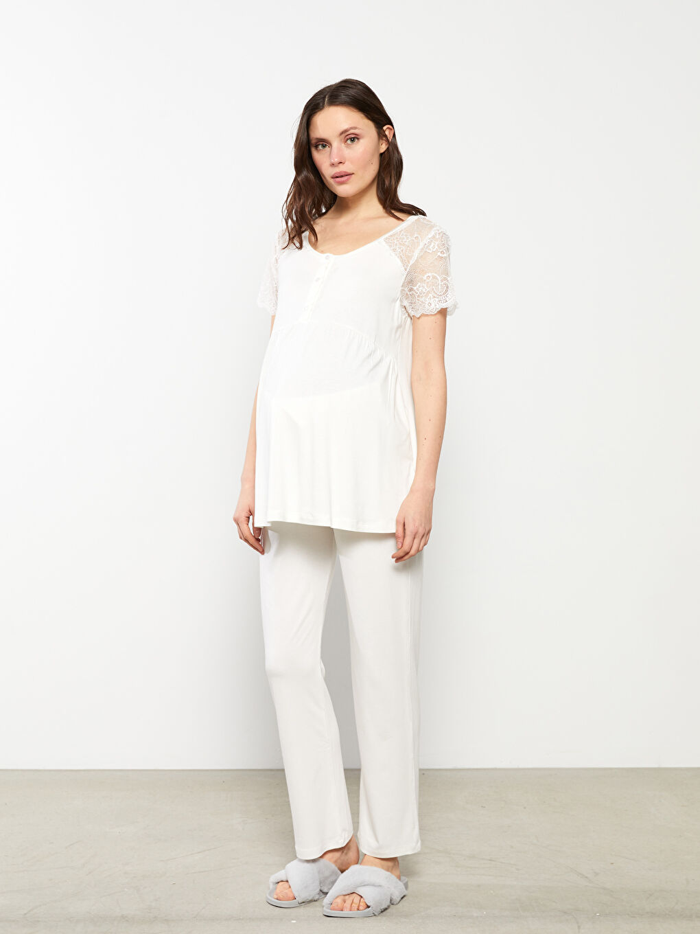 Піжамний комплект для материнства з U-подібним вирізом, мереживом і коротким рукавом