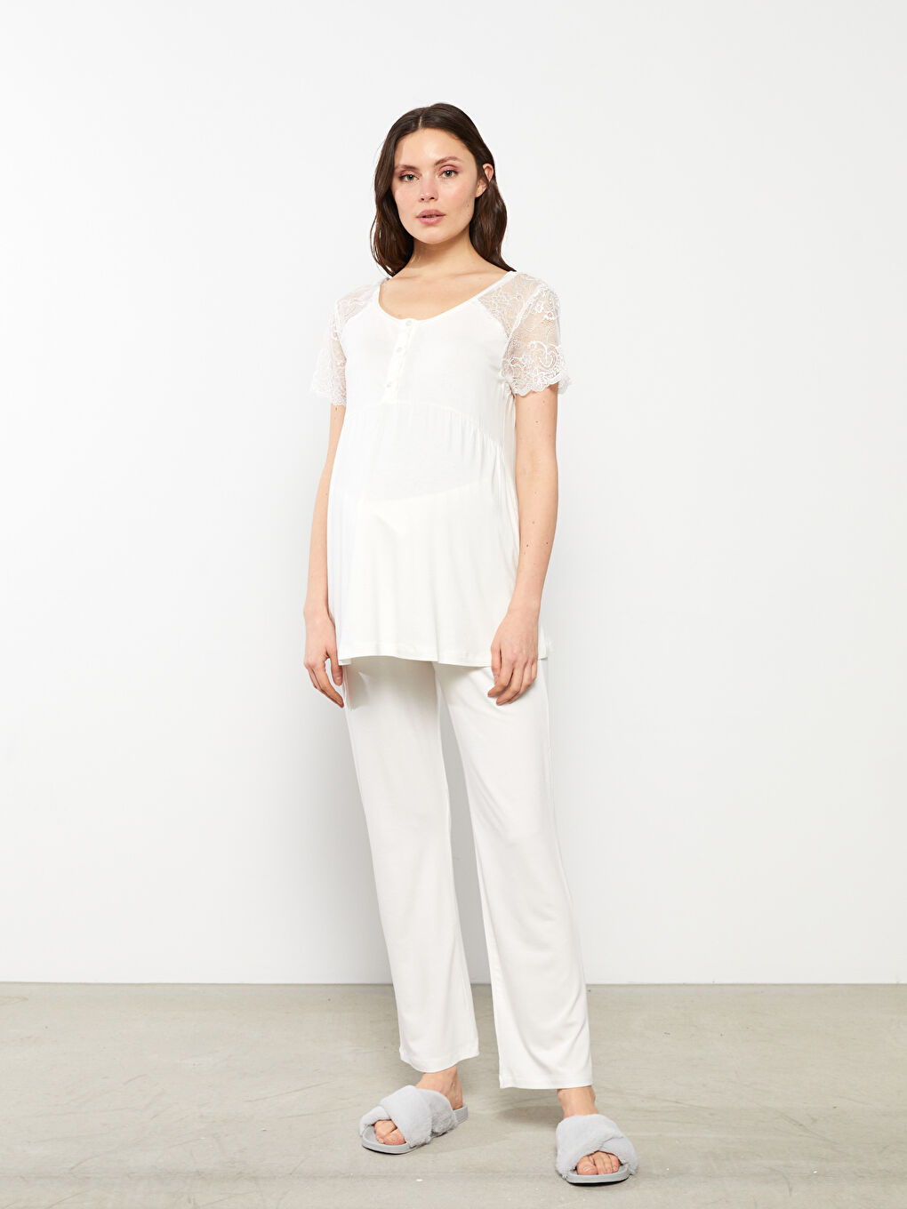 Піжамний комплект для материнства з U-подібним вирізом, мереживом і коротким рукавом-1