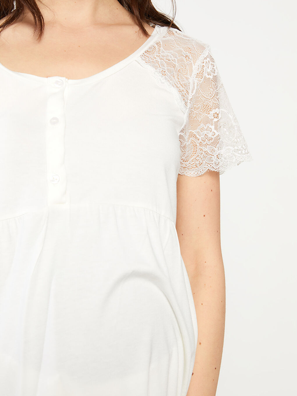 Піжамний комплект для материнства з U-подібним вирізом, мереживом і коротким рукавом-3