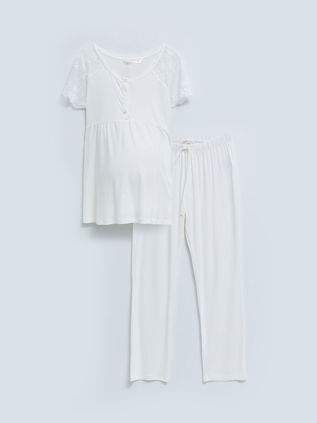 Піжамний комплект для материнства з U-подібним вирізом, мереживом і коротким рукавом-5