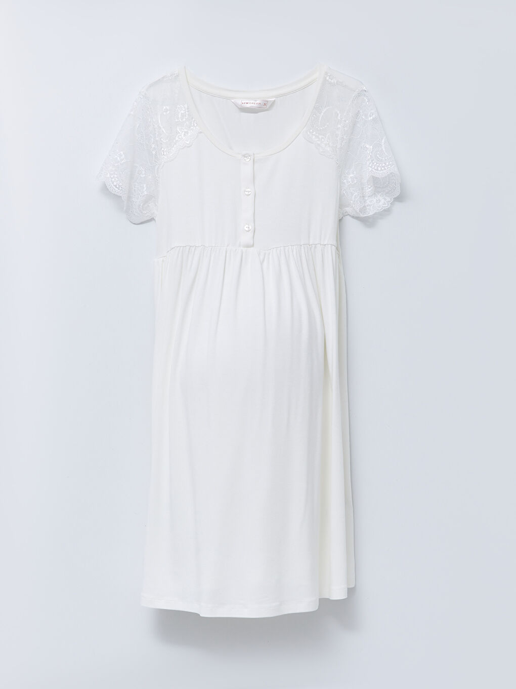 Ekru U Yaka Nakışlı Kısa Kollu Hamile Gecelik-4