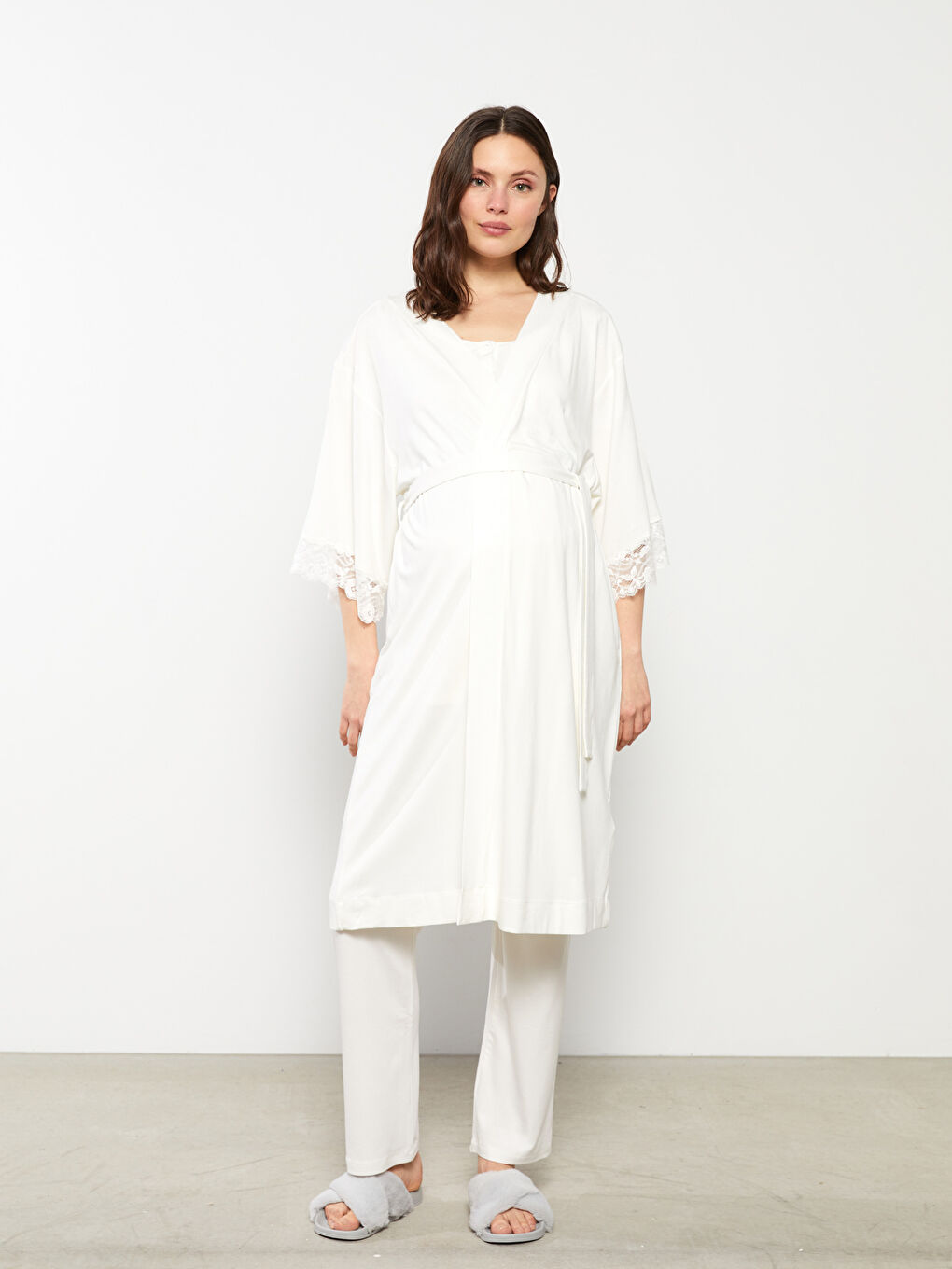 LCW DREAM Double Breasted Collar, Lace Detailed, Tied Waist Maternity Dressing Gown -S2GS69Z8-FDU