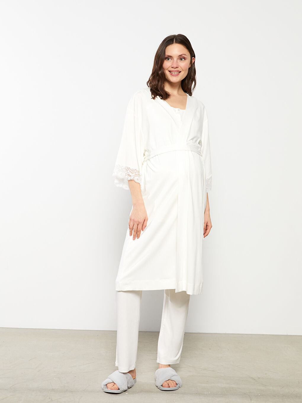LCW DREAM Double Breasted Collar, Lace Detailed, Tied Waist Maternity Dressing Gown -S2GS69Z8-FDU