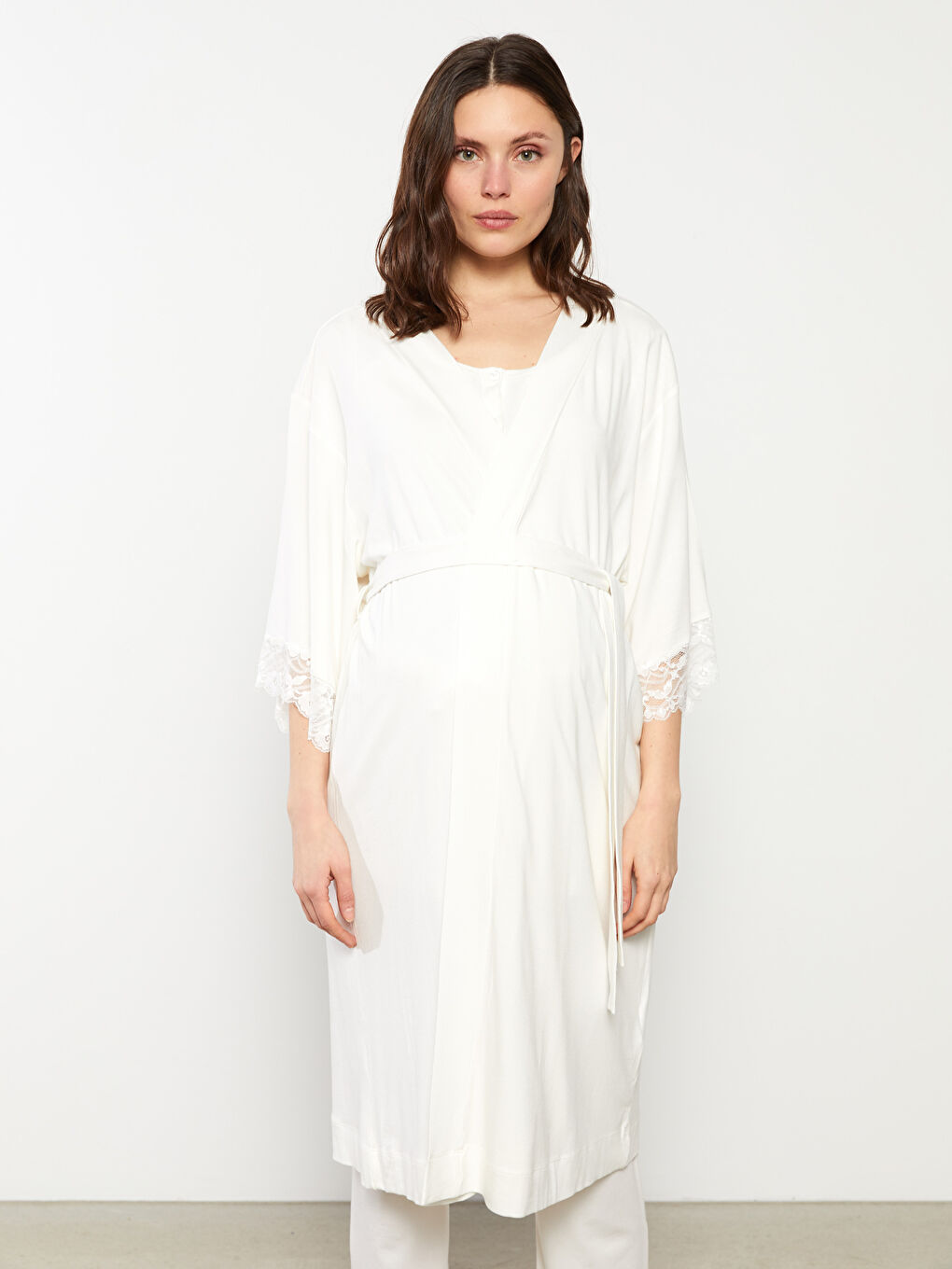 LCW DREAM Double Breasted Collar, Lace Detailed, Tied Waist Maternity Dressing Gown -S2GS69Z8-FDU