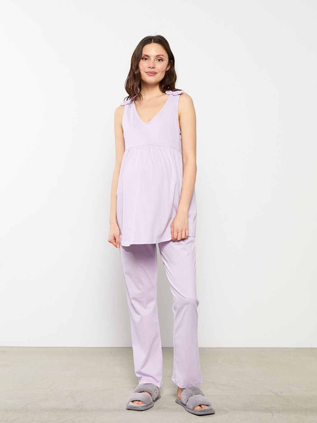 طقم بيجامة حوامل بدون أكمام سادة قطن بياقة على شكل حرف V