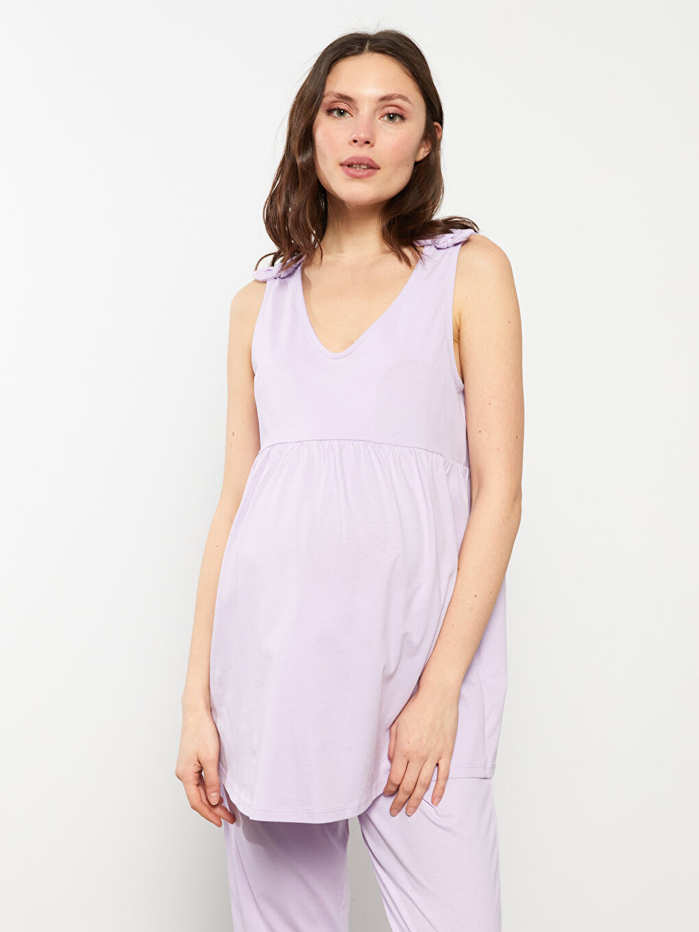 طقم بيجامة حوامل بدون أكمام سادة قطن بياقة على شكل حرف V-1