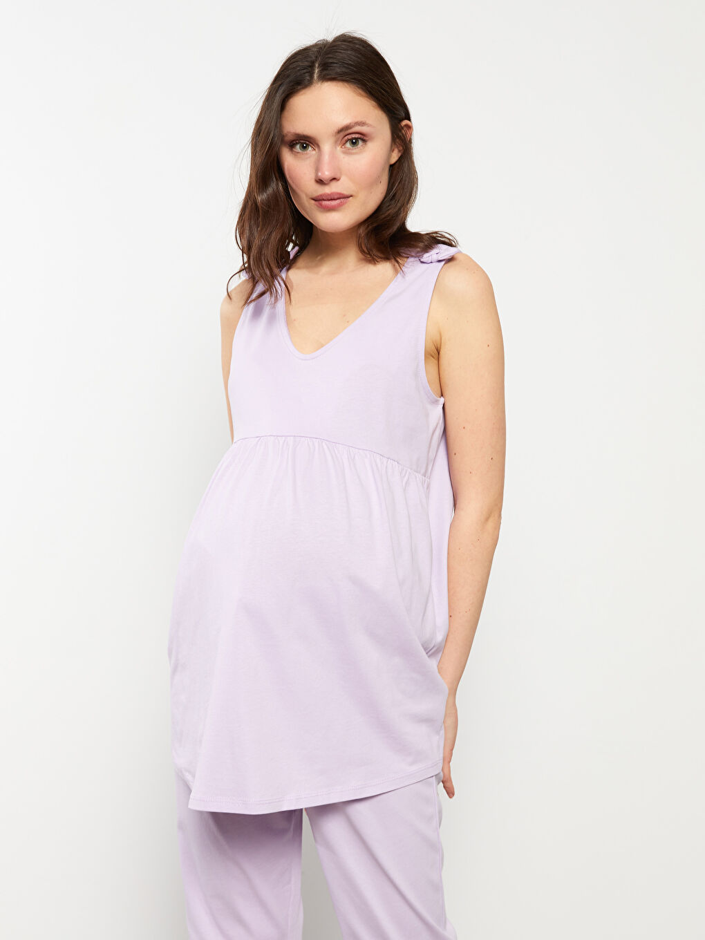 طقم بيجامة حوامل بدون أكمام سادة قطن بياقة على شكل حرف V-2