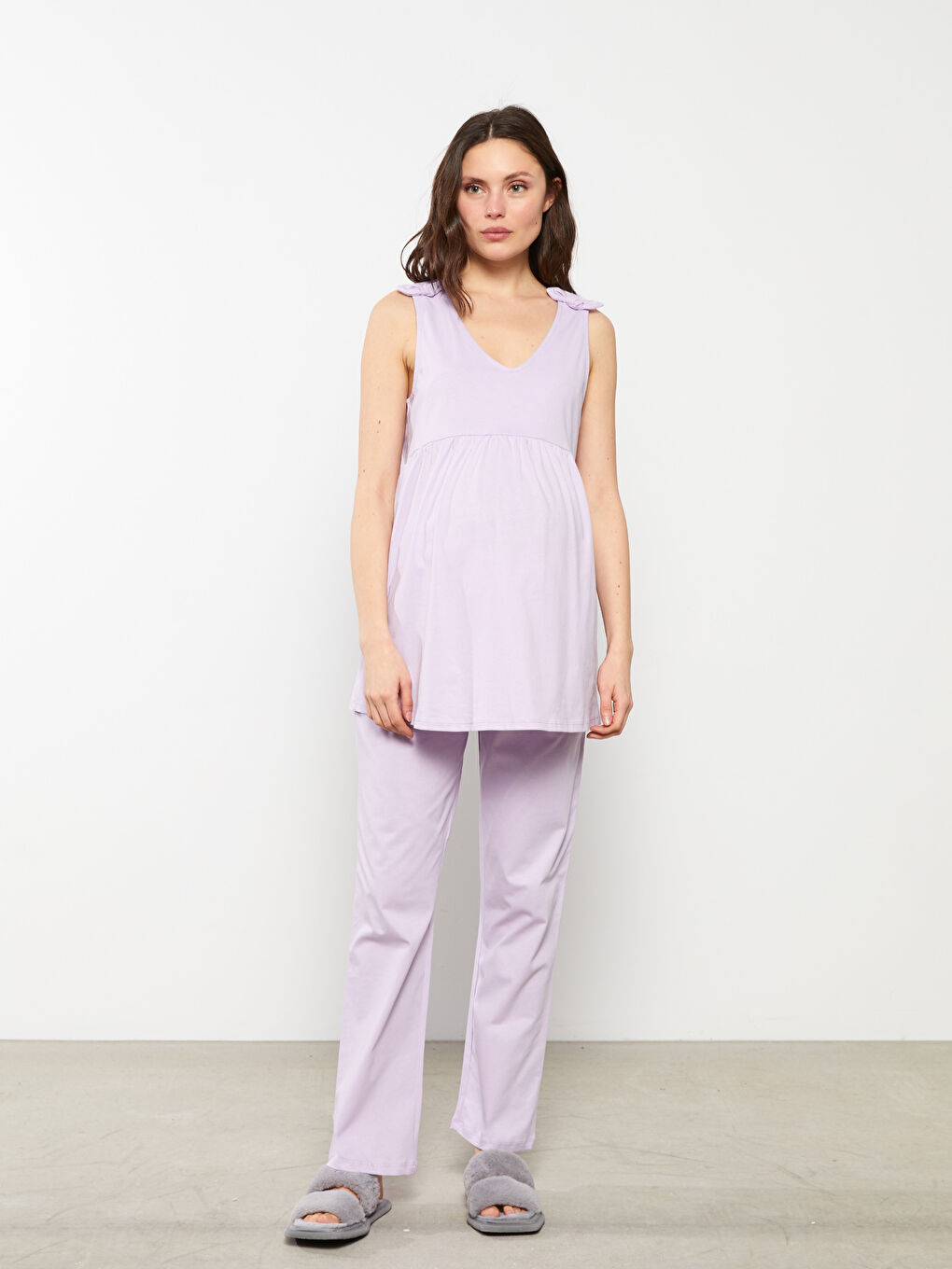 طقم بيجامة حوامل بدون أكمام سادة قطن بياقة على شكل حرف V-3