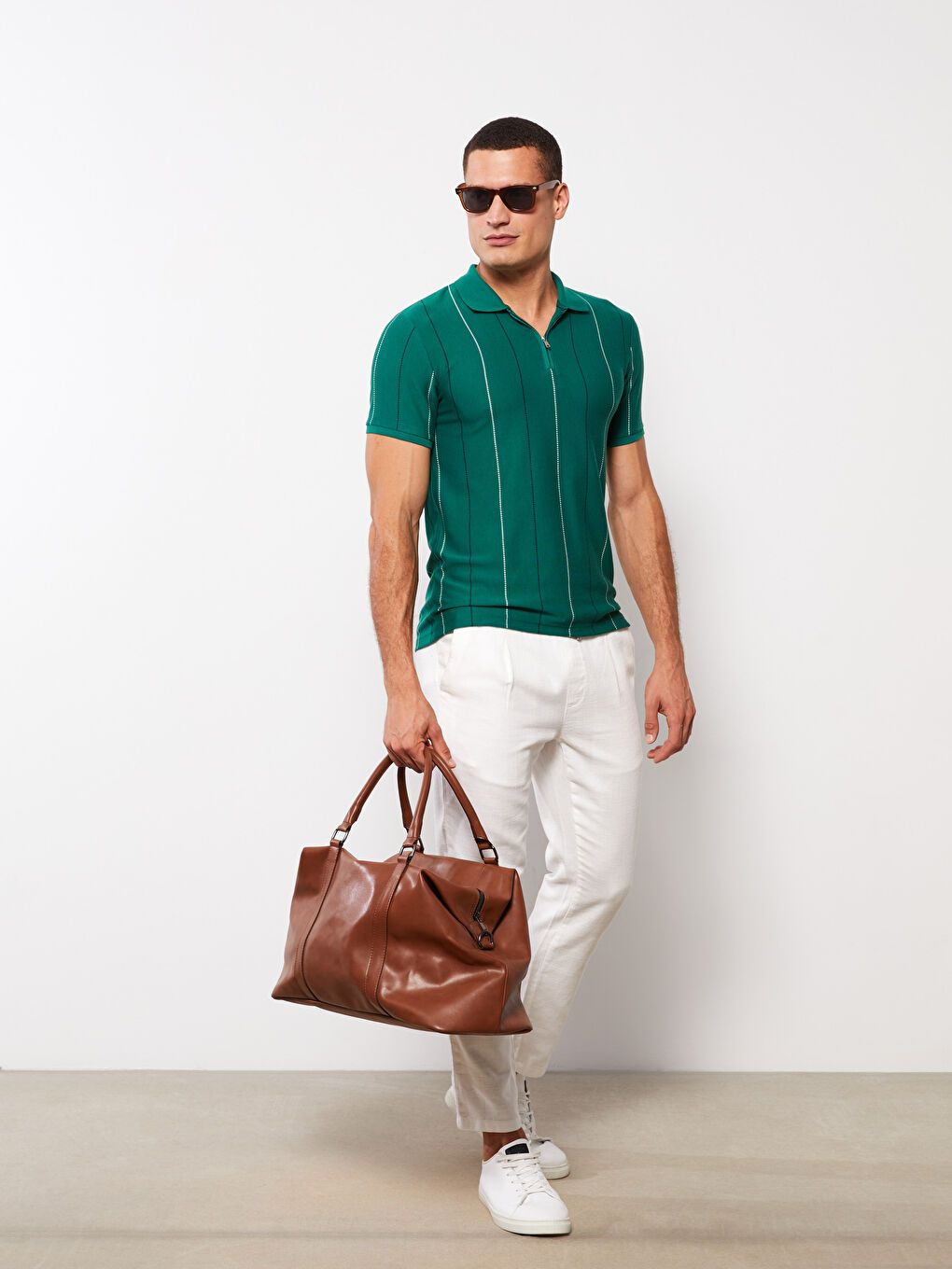 Yeşil Polo Yaka Kısa Kollu Çizgili Erkek Tişört