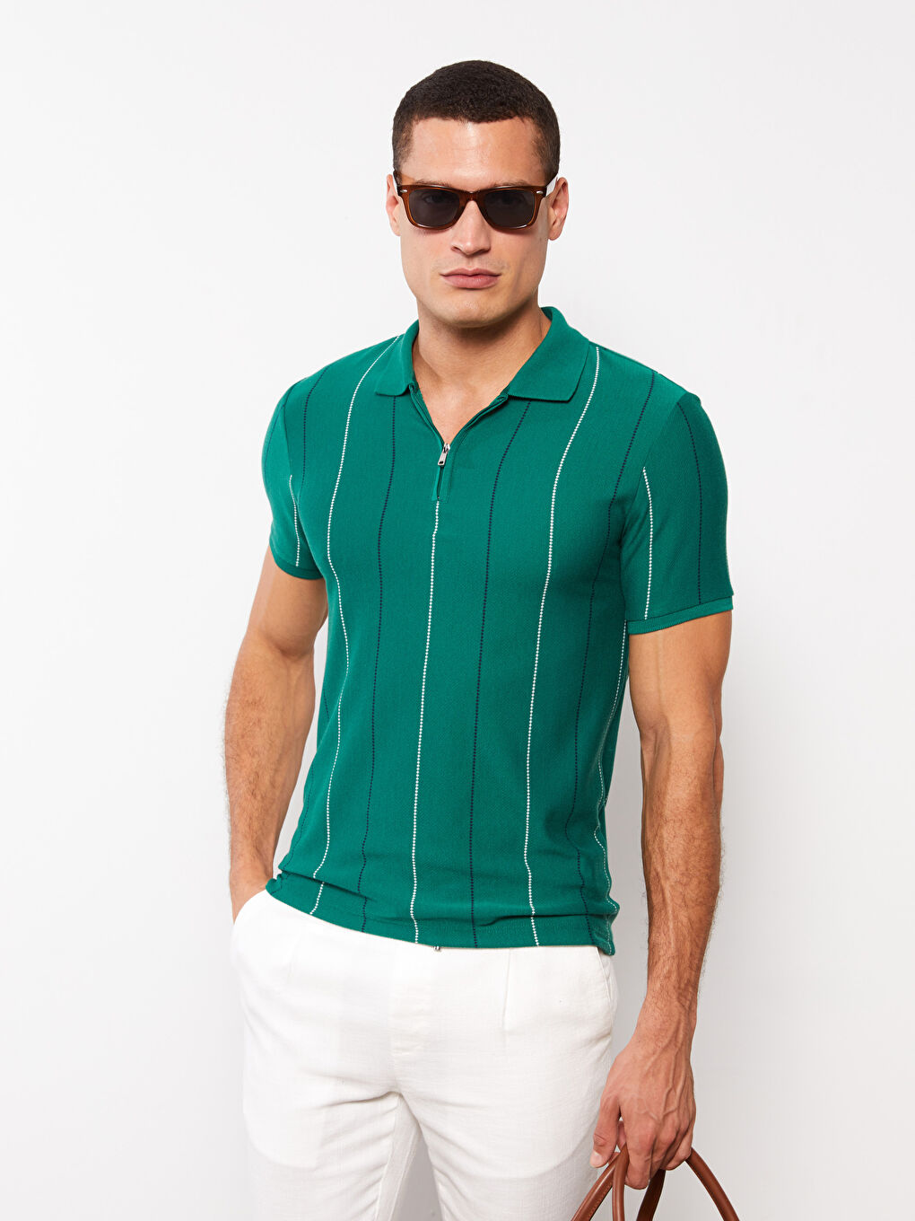 Yeşil Polo Yaka Kısa Kollu Çizgili Erkek Tişört-1