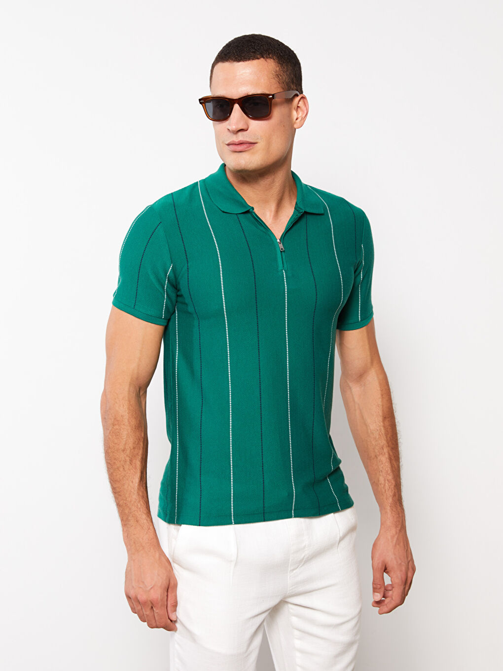 Yeşil Polo Yaka Kısa Kollu Çizgili Erkek Tişört-2