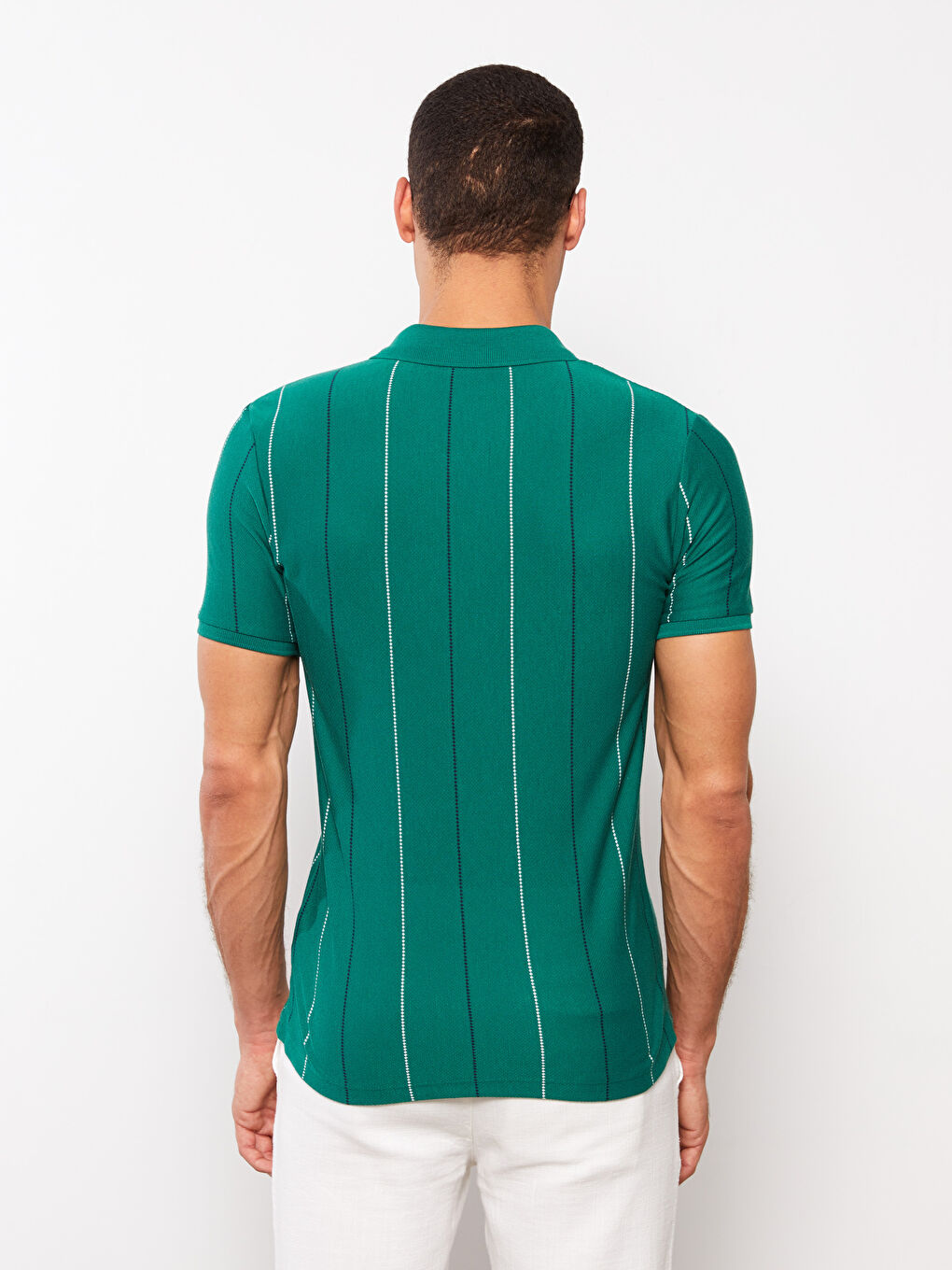 Yeşil Polo Yaka Kısa Kollu Çizgili Erkek Tişört-4