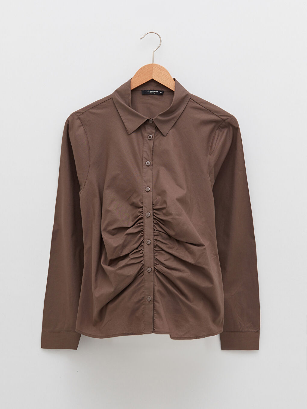 Kahverengi Büyük Beden Önden Düğme Kapamalı Düz Uzun Kollu Poplin Kadın Gömlek-5