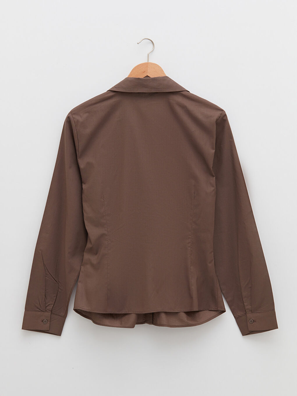 Kahverengi Büyük Beden Önden Düğme Kapamalı Düz Uzun Kollu Poplin Kadın Gömlek-6