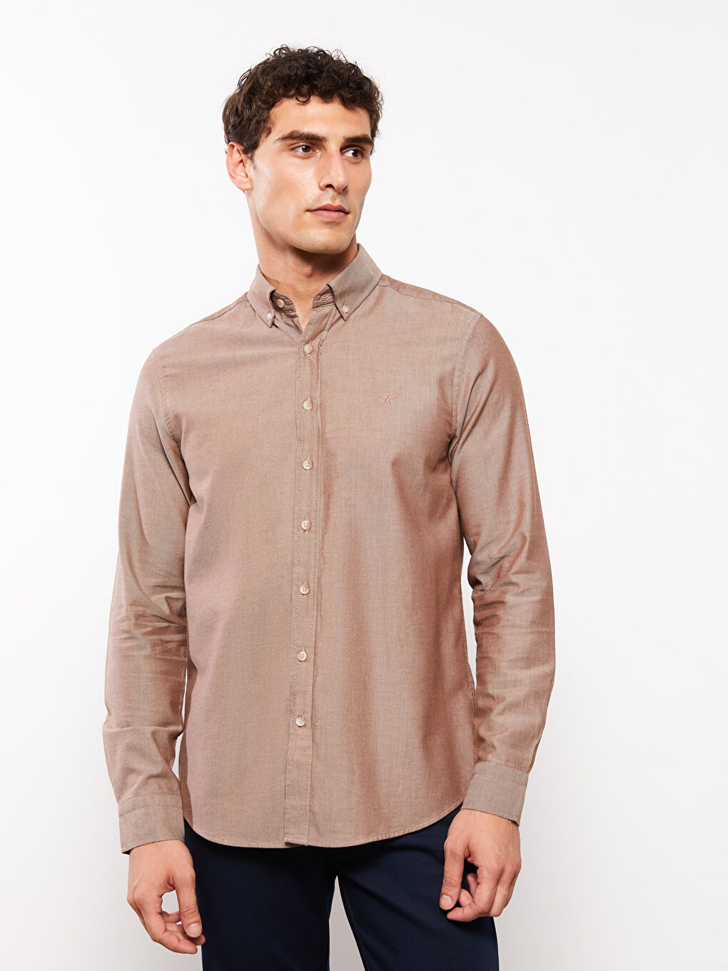 Kahverengi Regular Fit Uzun Kollu Oxford Erkek Gömlek