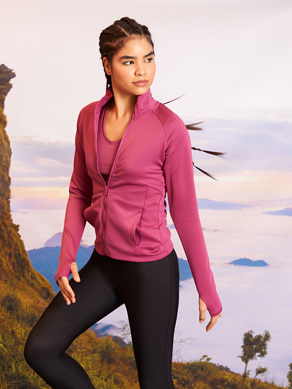 Fuşya Dik Yaka Kadın Spor Hırka