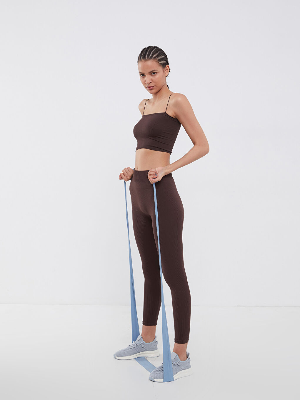 Kahverengi Kadın Beli Lastikli Düz Spor Tayt