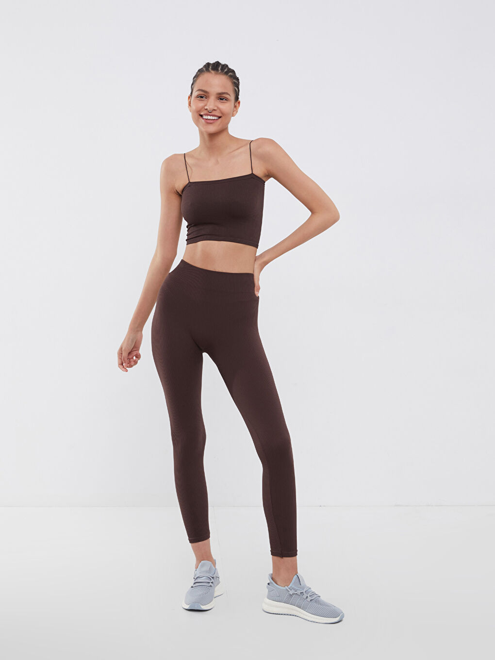 Kahverengi Kadın Beli Lastikli Düz Spor Tayt-1