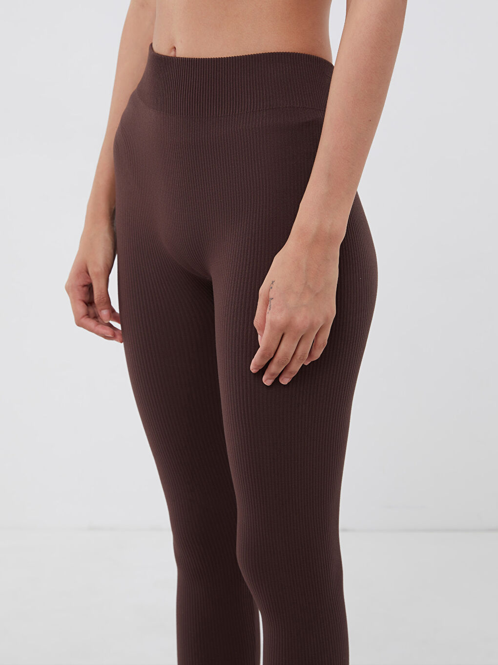 Kahverengi Kadın Beli Lastikli Düz Spor Tayt-2