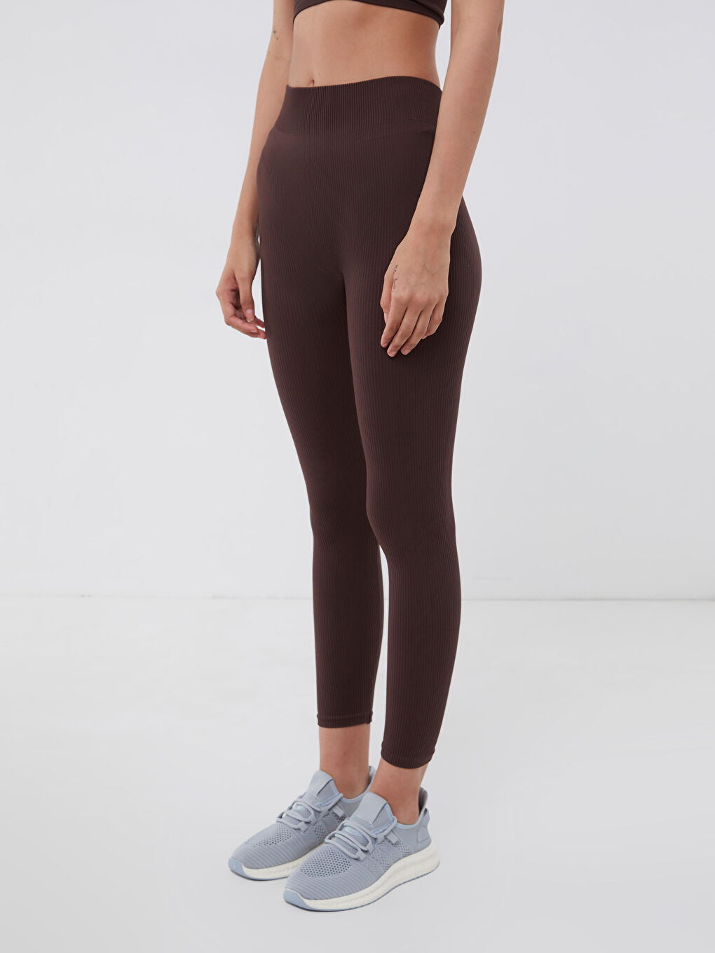 Kahverengi Kadın Beli Lastikli Düz Spor Tayt-3