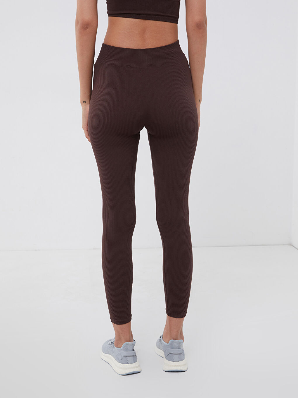 Kahverengi Kadın Beli Lastikli Düz Spor Tayt-4