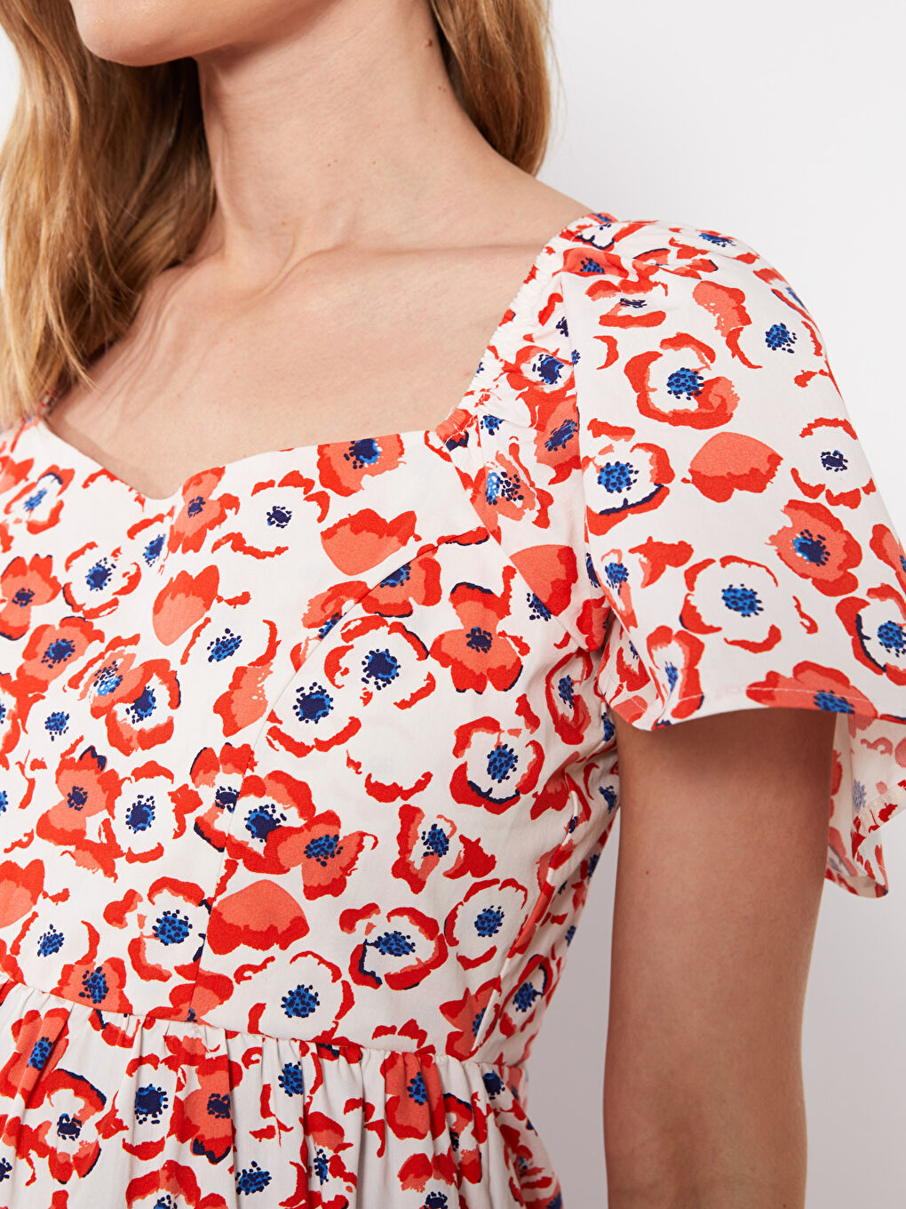 Square Neck Floral Short Sleeve Poplin Maternity Dress-5