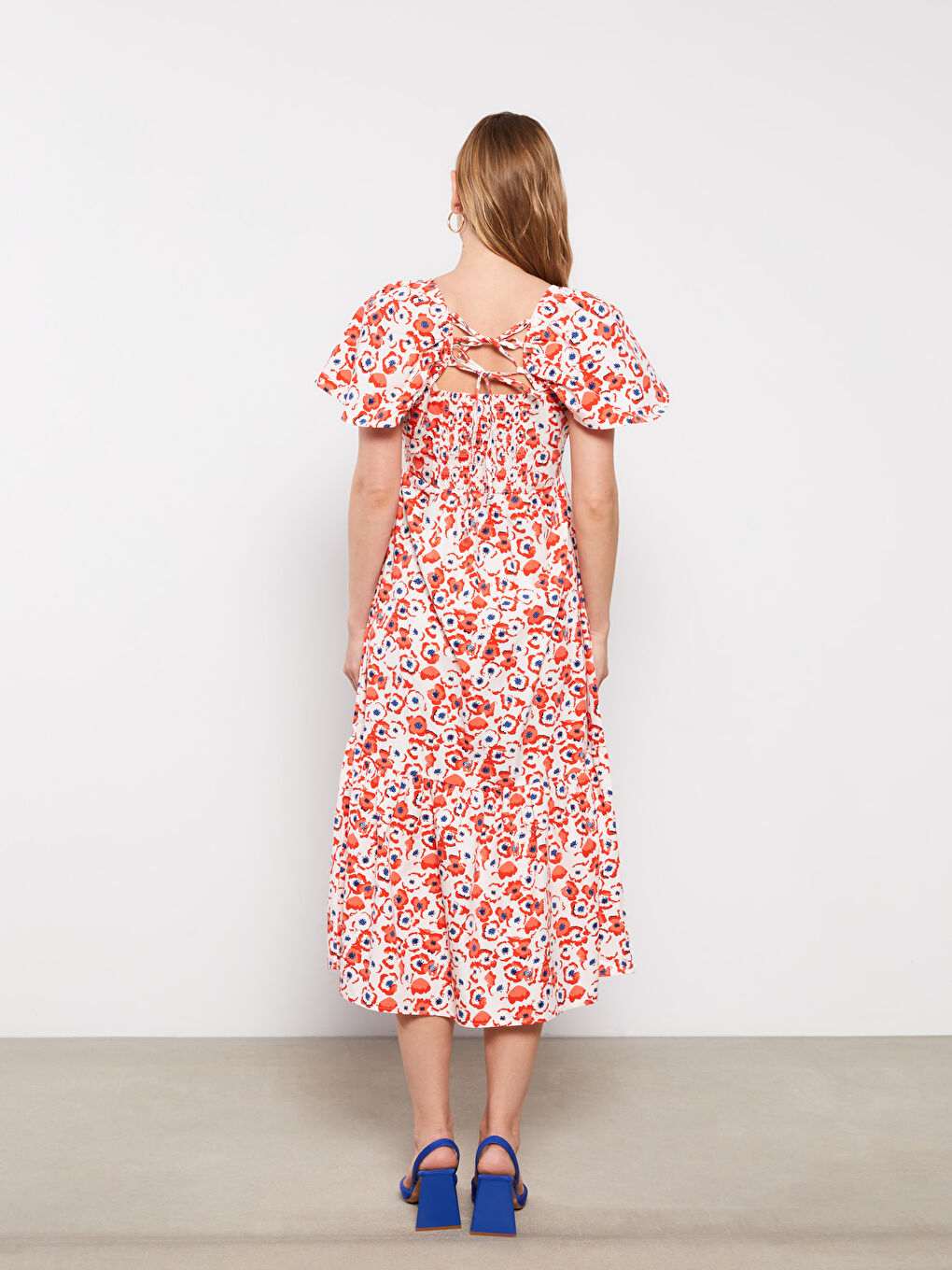 Square Neck Floral Short Sleeve Poplin Maternity Dress-6
