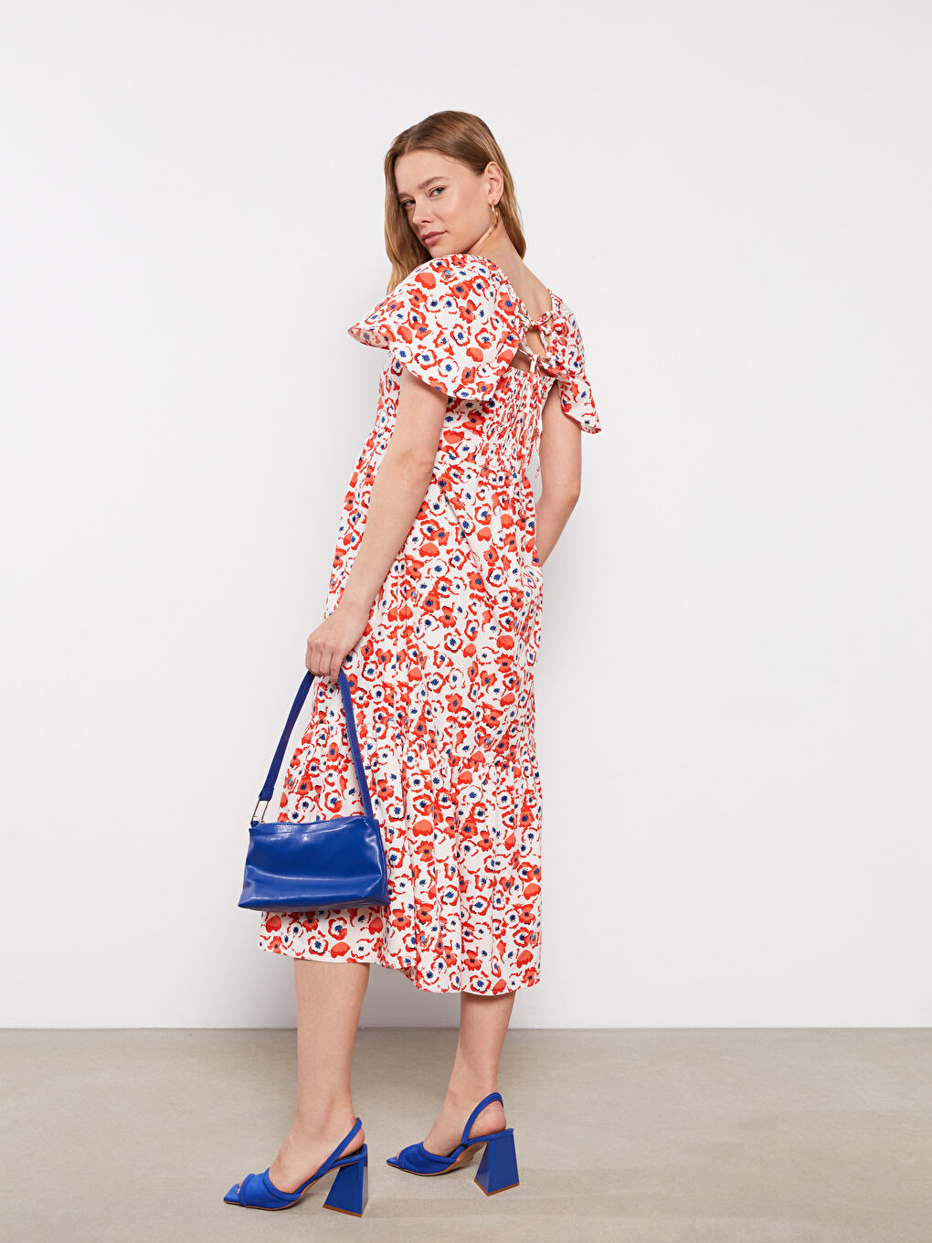 Square Neck Floral Short Sleeve Poplin Maternity Dress
