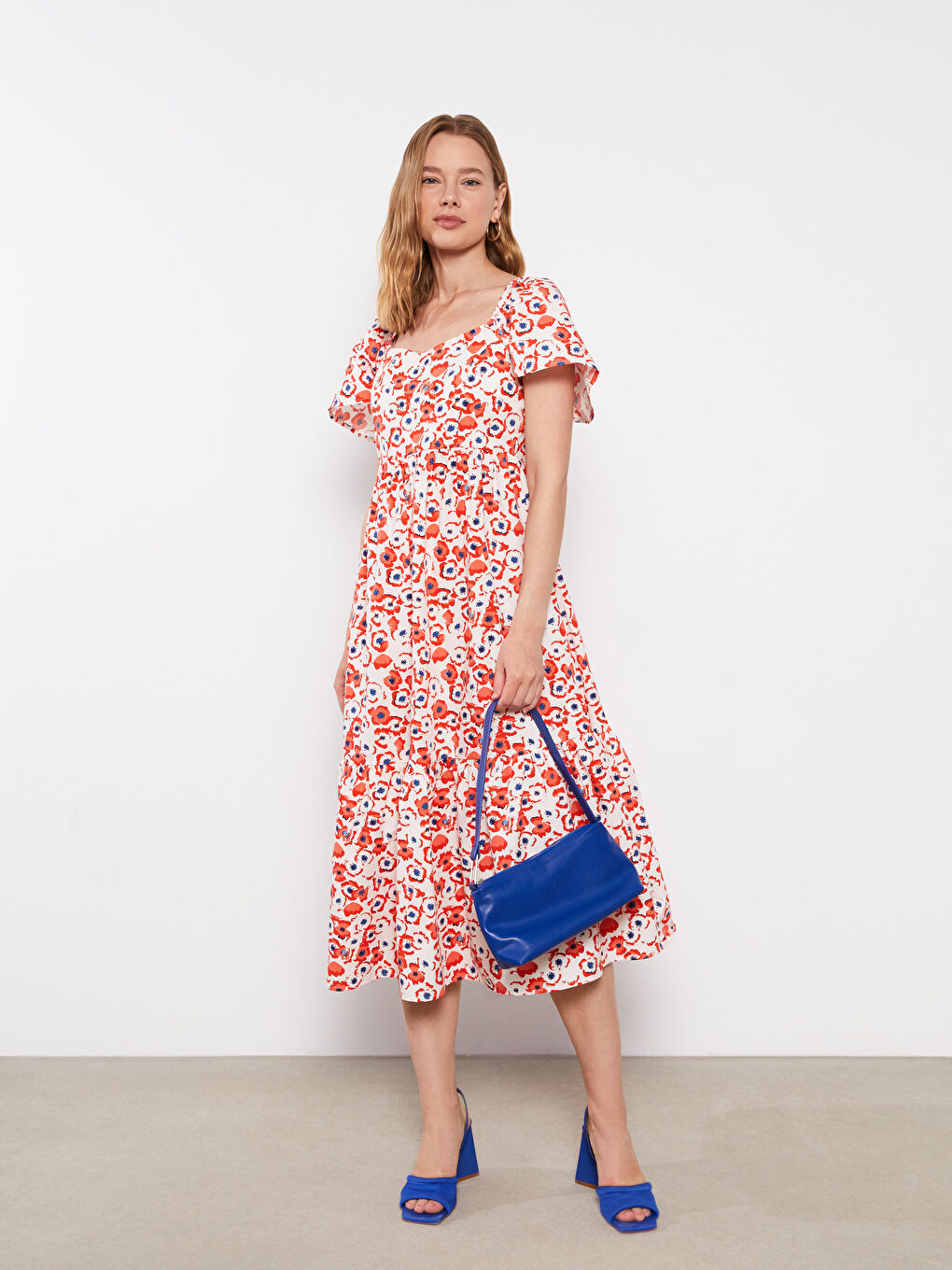 Square Neck Floral Short Sleeve Poplin Maternity Dress-1