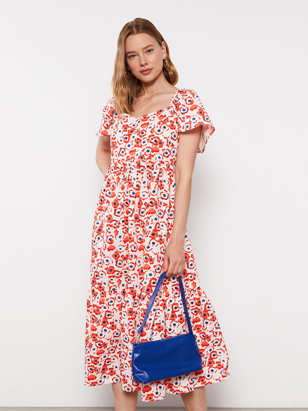 Square Neck Floral Short Sleeve Poplin Maternity Dress-2