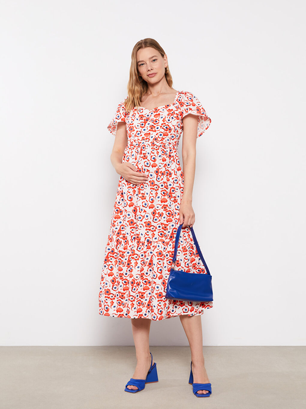 Square Neck Floral Short Sleeve Poplin Maternity Dress-3