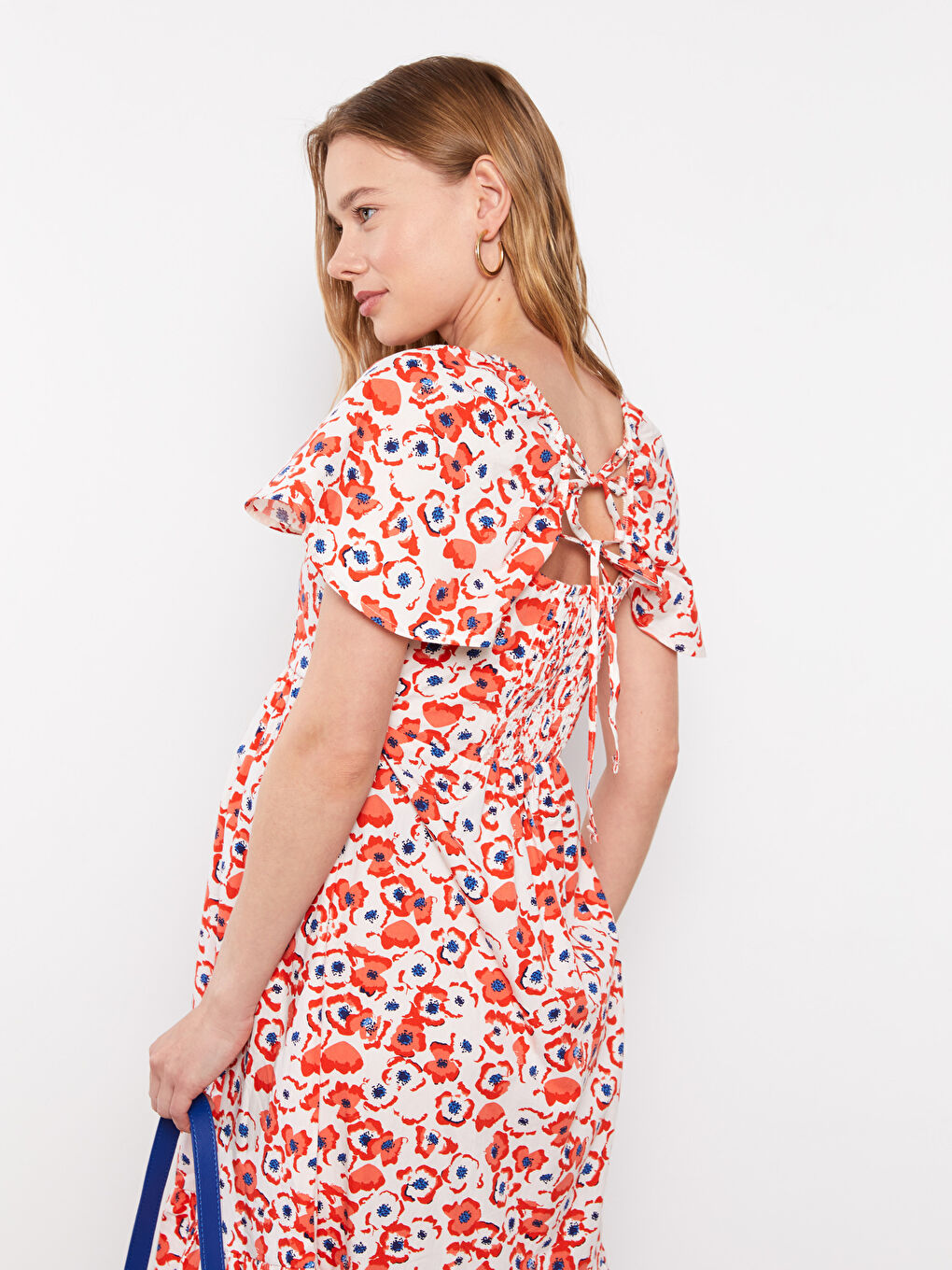 Square Neck Floral Short Sleeve Poplin Maternity Dress-4
