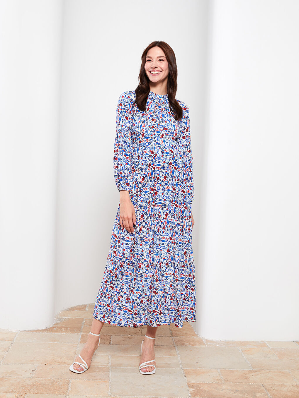 Crew Neck Patterned Long Sleeve Viscose Maternity Dress -S2GT28Z8-LTH