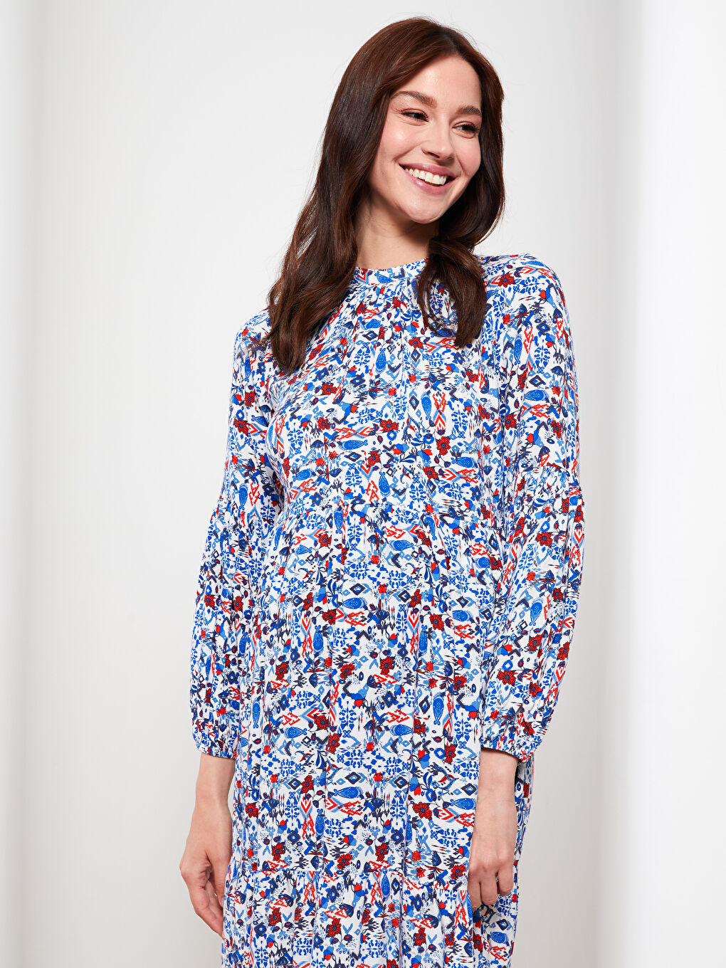 Crew Neck Patterned Long Sleeve Viscose Maternity Dress -S2GT28Z8-LTH