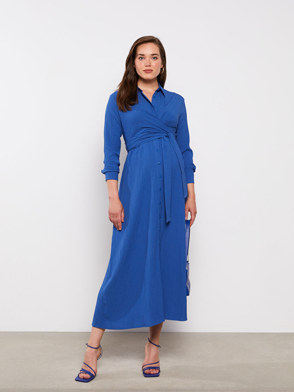 Mavi Gömlek Yaka Düz Uzun Kollu Poplin Hamile Elbise