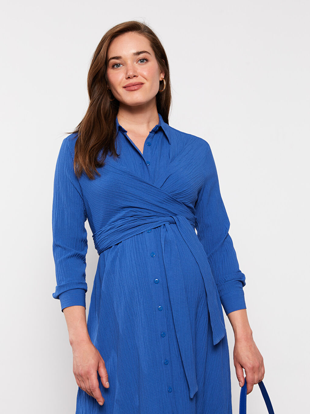 Mavi Gömlek Yaka Düz Uzun Kollu Poplin Hamile Elbise-1