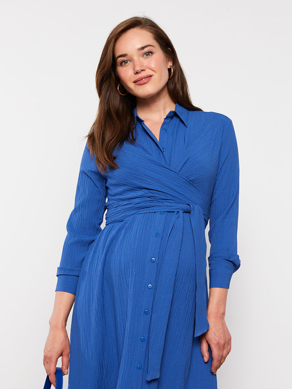 Mavi Gömlek Yaka Düz Uzun Kollu Poplin Hamile Elbise-2